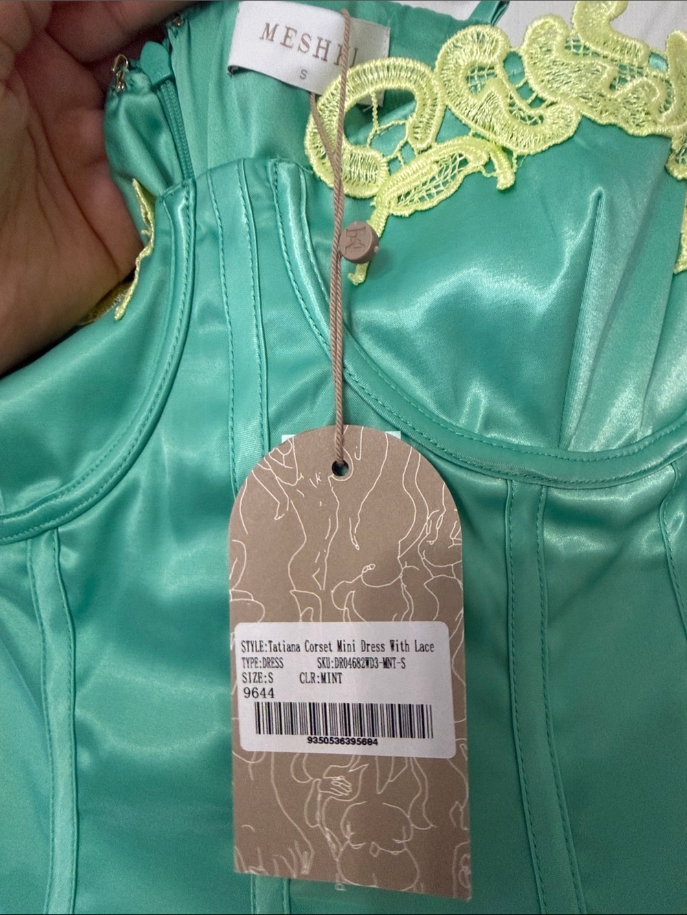 MESHKI Tatiana Corset Mini Dress with Lace Mint Green NWT Size Small - Picture 4 of 7